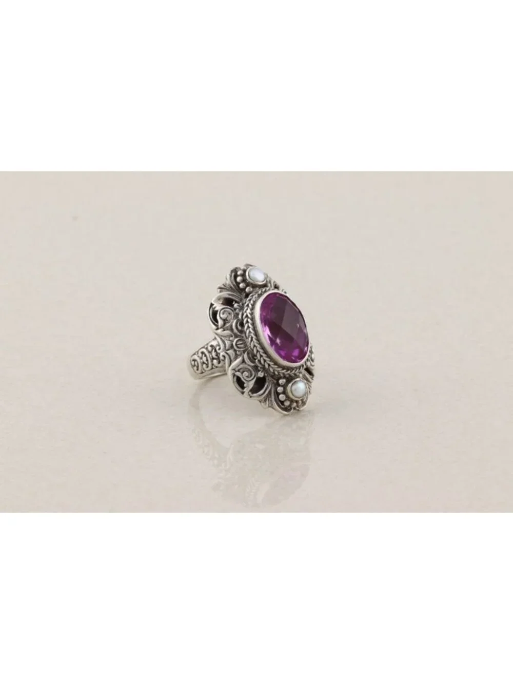 Sterling Silver Natural Amethyst and Pearl Ring Sarda Size 8 1/4